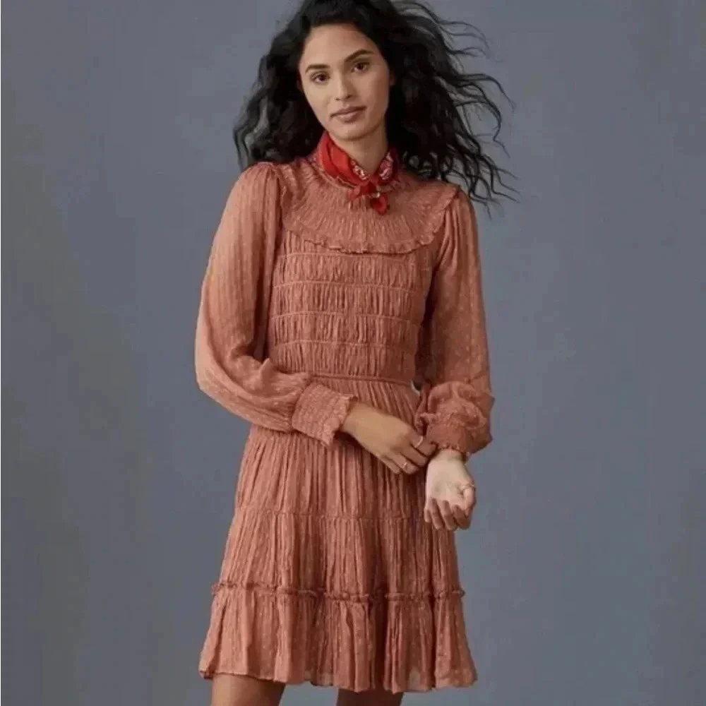 Anthropologie 60’s Dalia smocked pink ruffle mini dress
